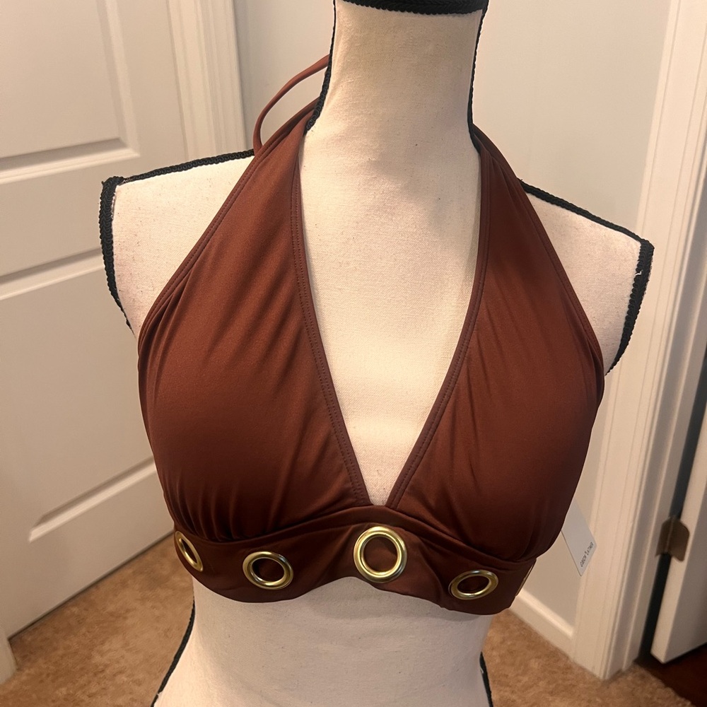 Gibson Latimer Brown Halter Bikini Top NWT Gold Ring Detail Size Small